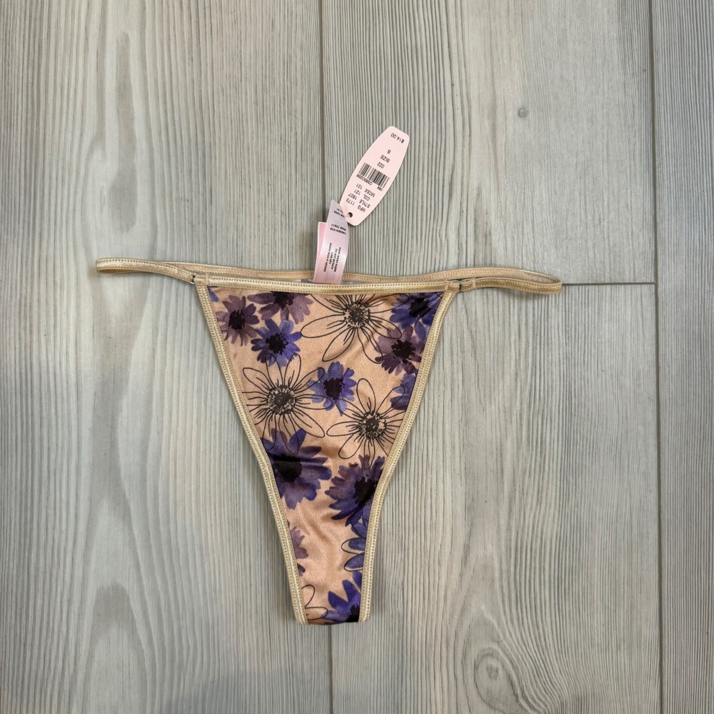 Vintage 2001 Victorias Secret Floral V-String Thong Panty Purple Tan Y2K NWT S